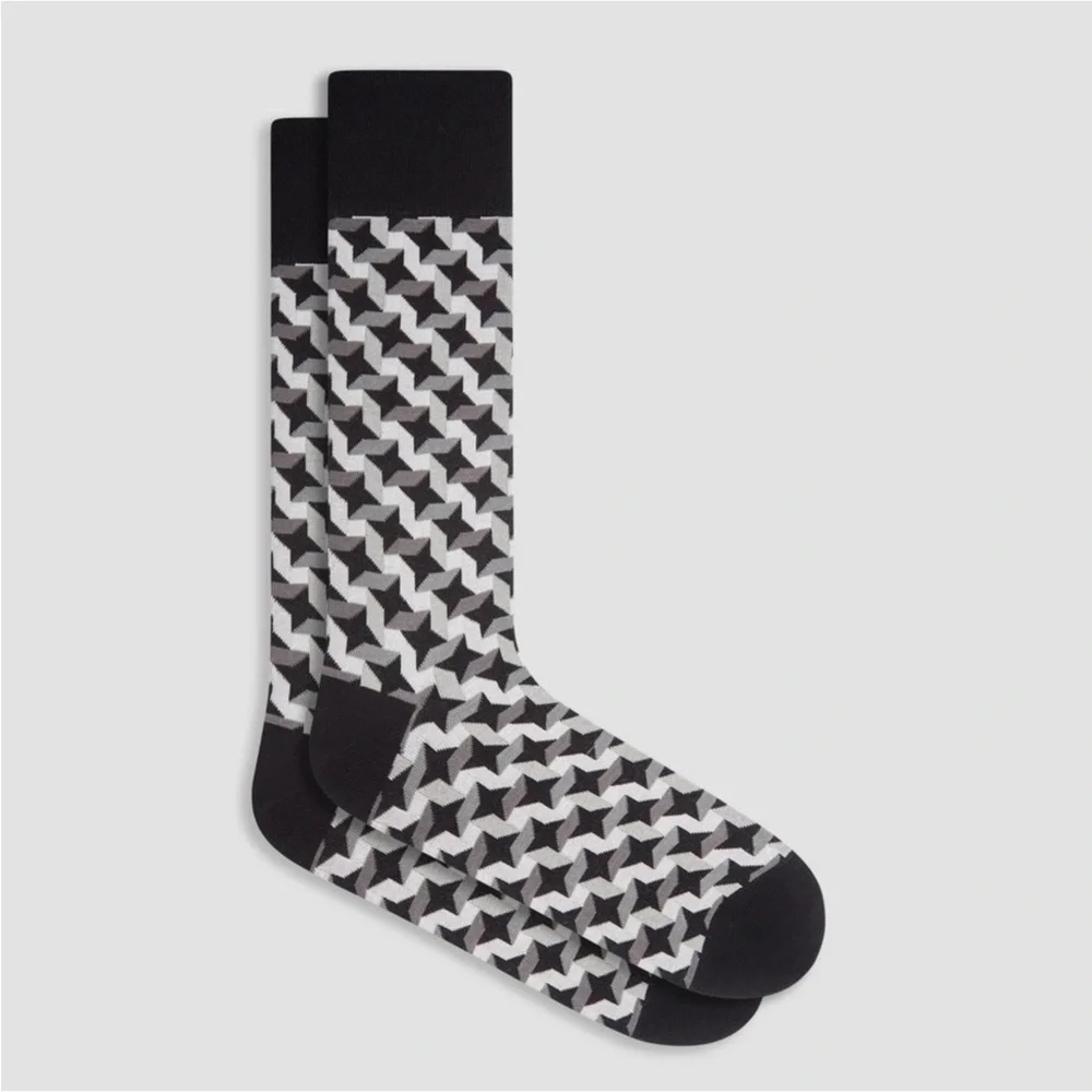 BUGATCHI MENS OPTICAL ILLUSION MERCERIZED COTTON SOCKS BLACK GRAY WHITE OS NWOT